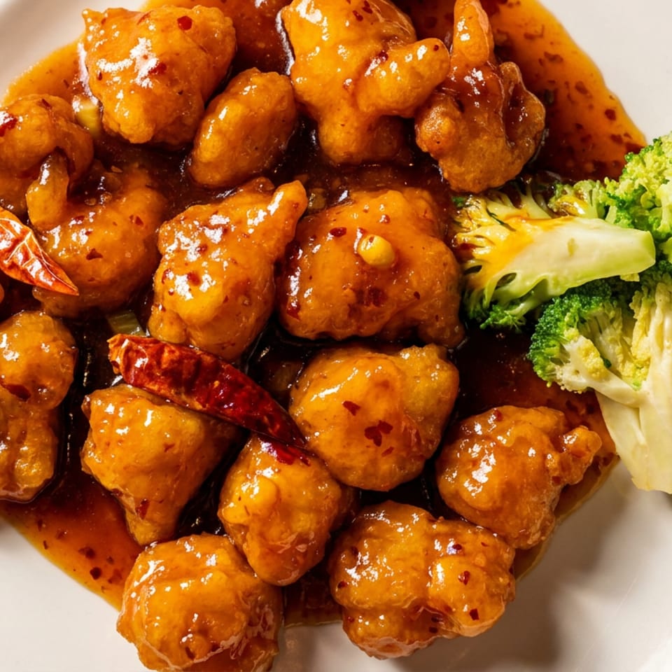 Glazed spicy chicken pieces with dried chilies and steamed broccoli served on a white plate.
