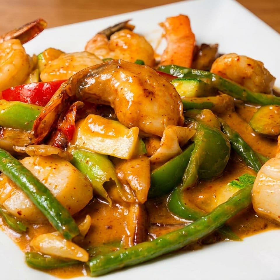 Shrimp and chicken stir-fry with green beans, peppers, mushrooms, and zucchini in savory sauce on a white plate.