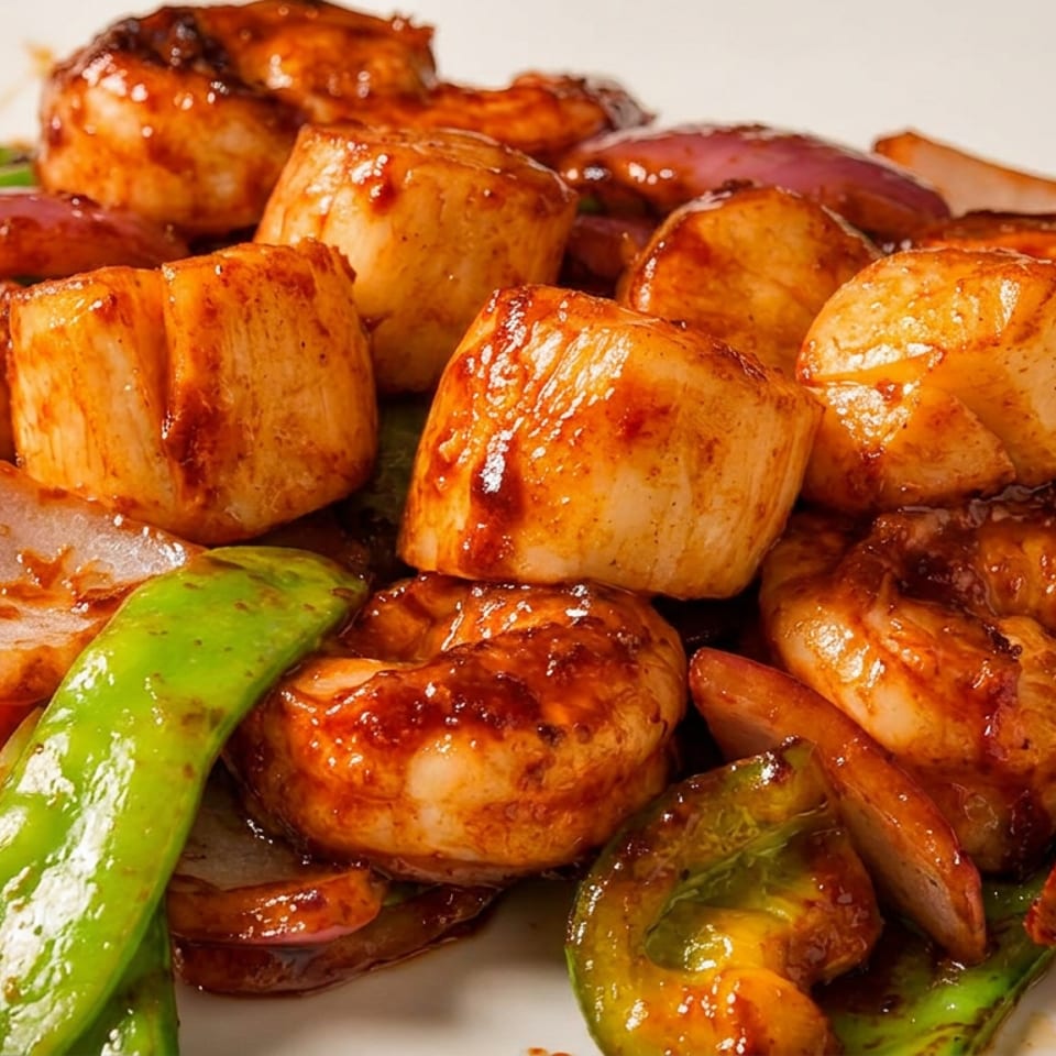 Glazed seared scallops and shrimp arranged with snap peas, mushrooms, and onions on a white plate.