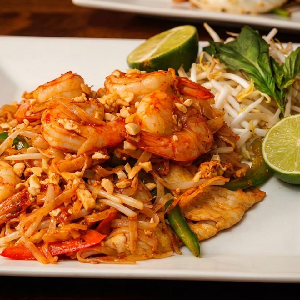 Shrimp pad Thai with bean sprouts, crushed peanuts, lime, basil, and vegetables served on a white plate.