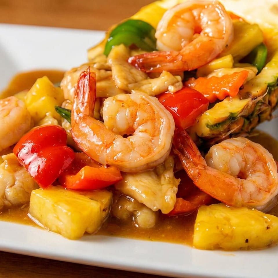 Shrimp, chicken, pineapple, and colorful vegetables served in sauce on a white plate with a pineapple garnish.