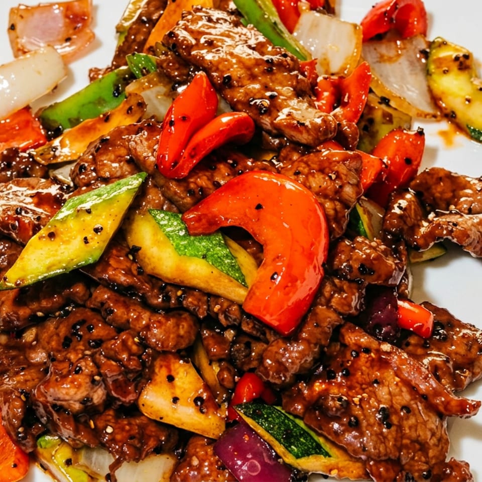 Glazed pepper steak stir-fry with zucchini, bell peppers, onions, and tomatoes served on a white plate.