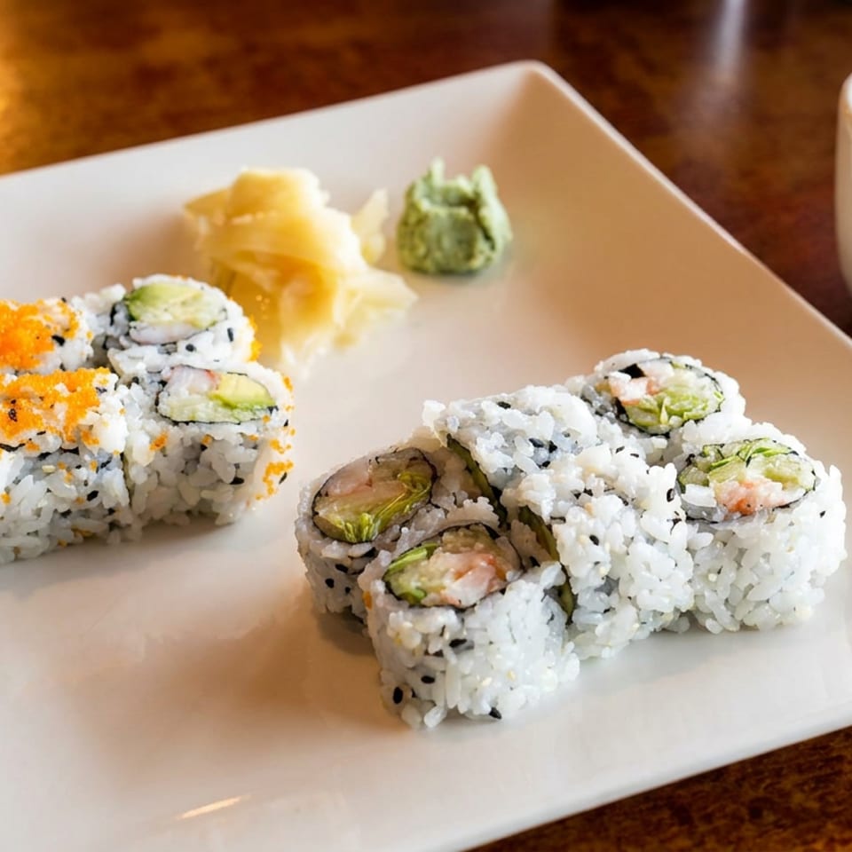 Sushi rolls with avocado and orange roe arranged on a white plate beside green wasabi, pickled ginger, and tea.