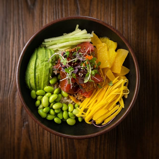 Seared Pepper Tuna Poke Bowl.